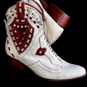 Women's White and Brown Ankle Boots with Studded Design